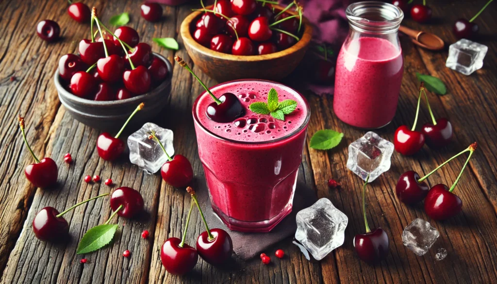 A vibrant smoothie scene with a tall glass of deep red tart cherry smoothie, surrounded by fresh cherries and ice cubes on a rustic wooden table, symbolizing stress relief and cortisol reduction.