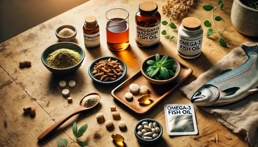 A top-down view of a wooden table displaying natural cortisol-lowering supplements like ashwagandha, magnesium, omega-3 fish oil, and green tea in a warm, softly lit setting.