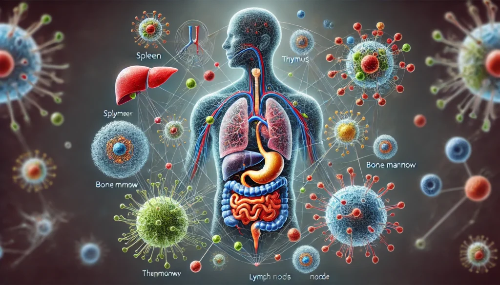 An artistic representation of the immune system’s organs (spleen, thymus, bone marrow, lymph nodes) working together to defend the body.