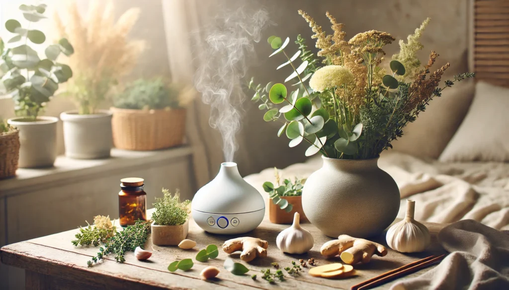 A cozy scene with fresh herbs like eucalyptus, ginger, and garlic, with a diffuser releasing aromatic vapor, offering a therapeutic atmosphere.