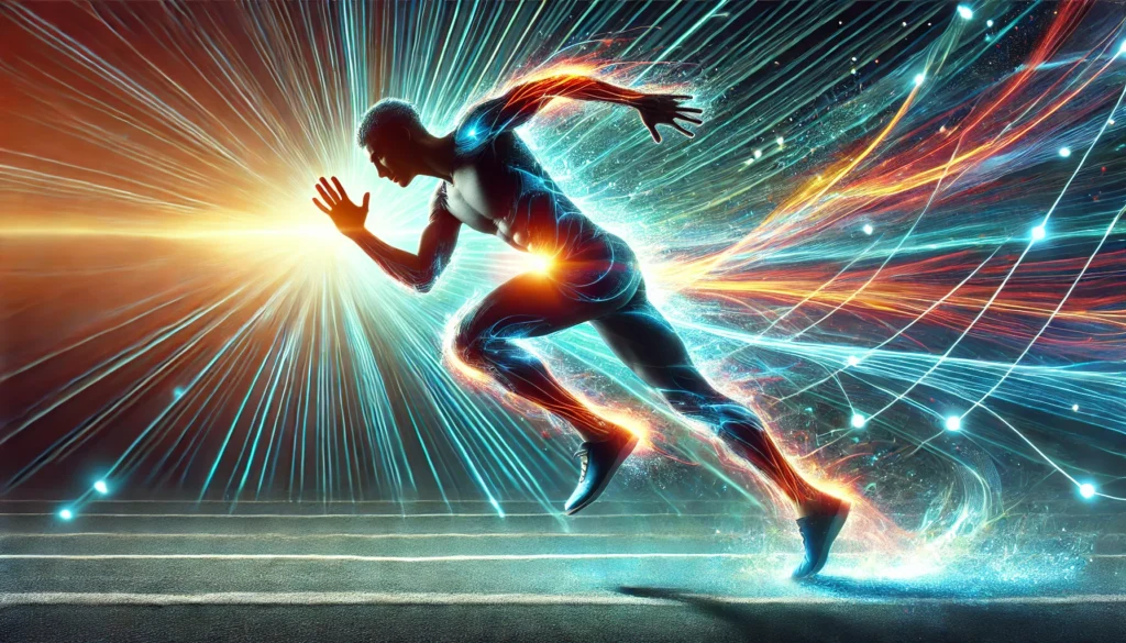 An athlete sprinting on a high-tech track, surrounded by a vibrant energy aura. The dynamic background bursts with light, symbolizing enhanced stamina, speed, and motivation from energy-boosting substances.