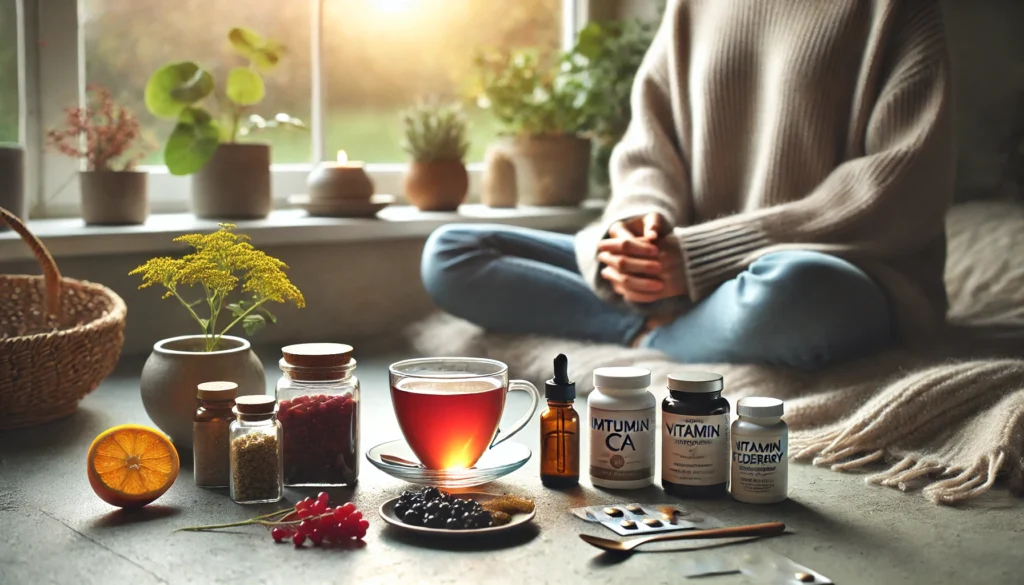 A peaceful wellness scene with a person sitting by a window, enjoying a cup of herbal tea and surrounded by immunity-boosting supplements like vitamin C and elderberry.