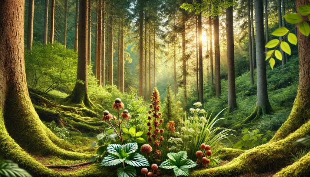 A serene forest scene featuring adaptogenic herbs such as ashwagandha and Rhodiola growing in the wild. The image captures lush greenery with dappled sunlight filtering through tall trees, showcasing the natural habitat of these powerful energy-boosting herbs.