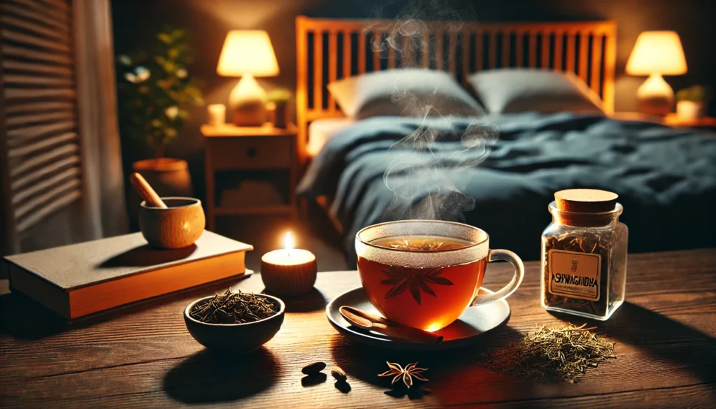 A tranquil evening scene with a steaming cup of ashwagandha-infused herbal tea placed beside a cozy bed. The dim ambient lighting enhances the relaxing atmosphere, signaling preparation for a restful night’s sleep.