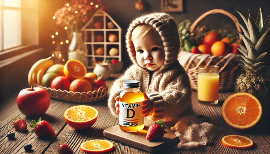 A warm and cozy image of a toddler holding a bottle of liquid vitamin D supplement with a backdrop of fresh fruits like oranges and strawberries, symbolizing immune support for toddlers.