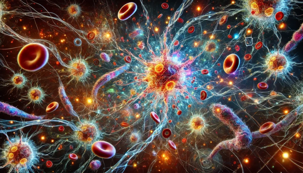 "Artistic depiction of a network of glowing immune cells circulating in the bloodstream, with macrophages and neutrophils actively neutralizing harmful viruses and bacteria."