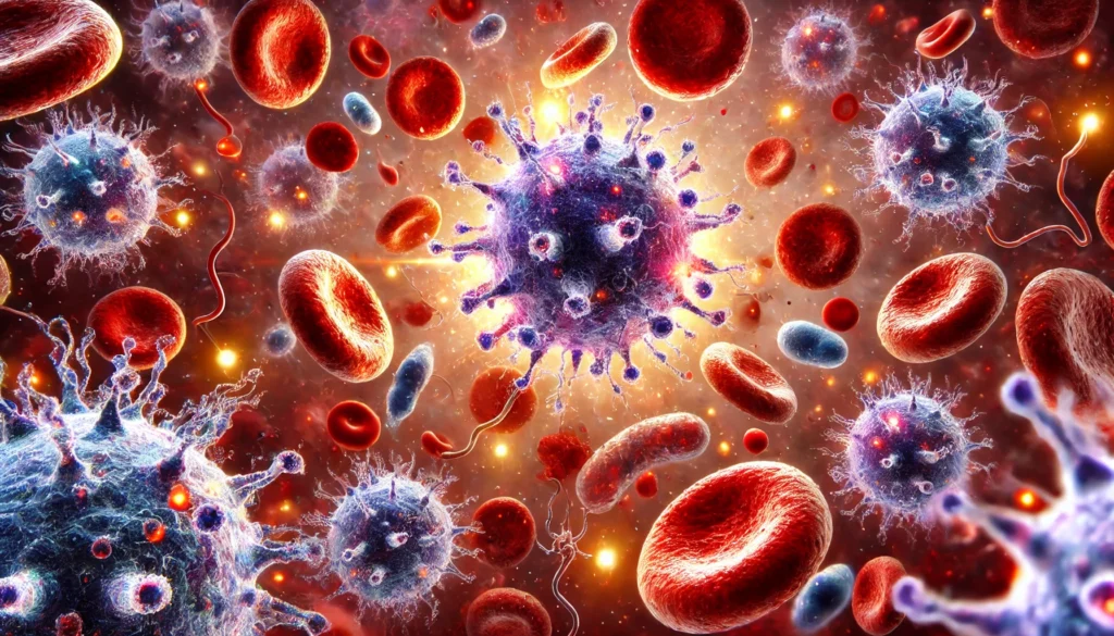 "A close-up view of immune cells, including macrophages and neutrophils, actively neutralizing bacteria and viruses in the bloodstream, symbolizing dynamic immune defense."