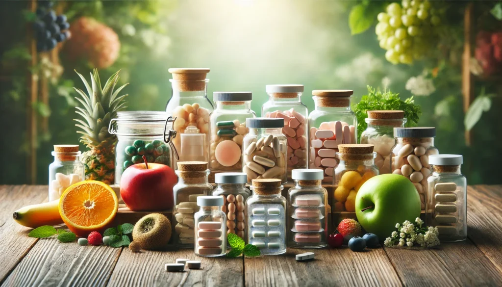 A peaceful, serene setup showing various immune system tablets in glass containers on a wooden table, surrounded by fresh fruits, vegetables, and greenery, emphasizing a natural approach to wellness.