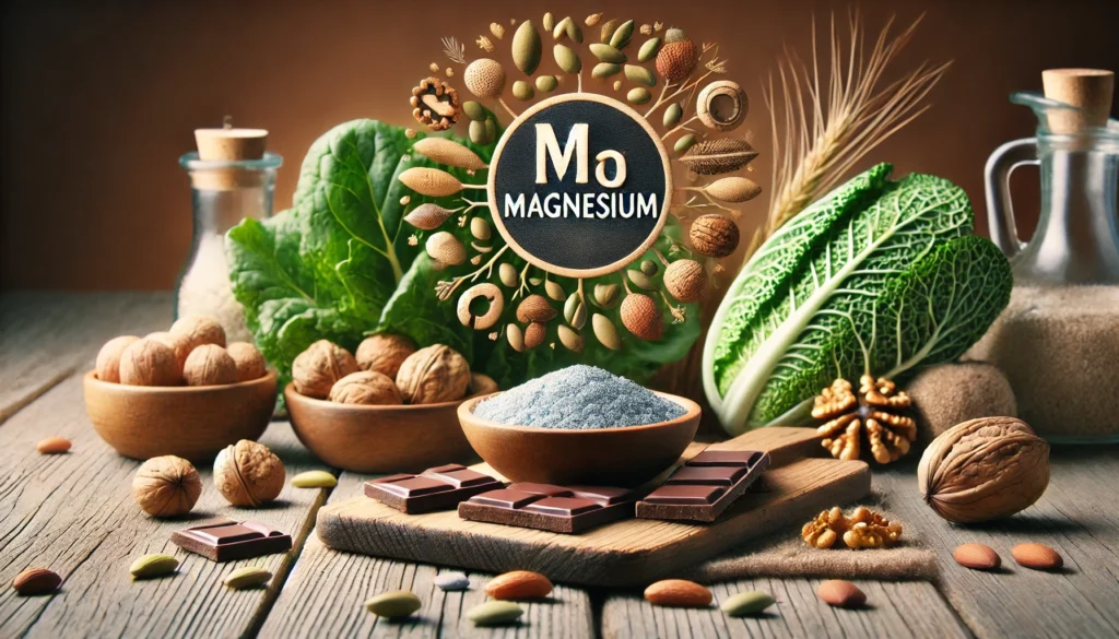 A close-up of magnesium-rich foods, including nuts, seeds, leafy greens, and dark chocolate, arranged on a rustic wooden table, highlighting their role in anxiety reduction.