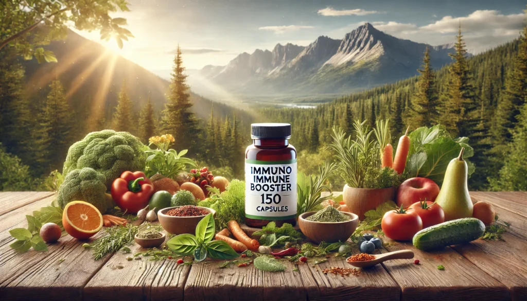 "A serene landscape with a mountain view in the background and a natural wooden table displaying a bottle of Immuno Immune Booster 150 Capsules surrounded by herbs, fruits, and vegetables. The image emphasizes vitality, balance, and natural health."