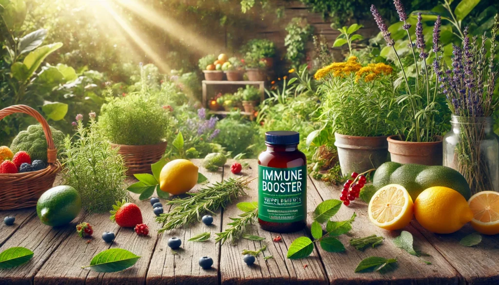 "A serene garden landscape featuring vibrant green plants, fresh herbs, and fruits like lemons and berries on a rustic wooden table. A bottle of immune booster supplements is placed among the natural elements, emphasizing the benefits of immune support vitamins and natural nutrition for maintaining a healthy immune system."