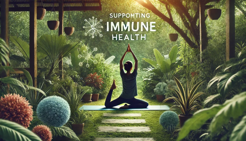 "A serene outdoor scene with a person practicing yoga in a lush garden, symbolizing stress management and physical activity for supporting immune health. The image emphasizes holistic wellness as part of checking immunity."