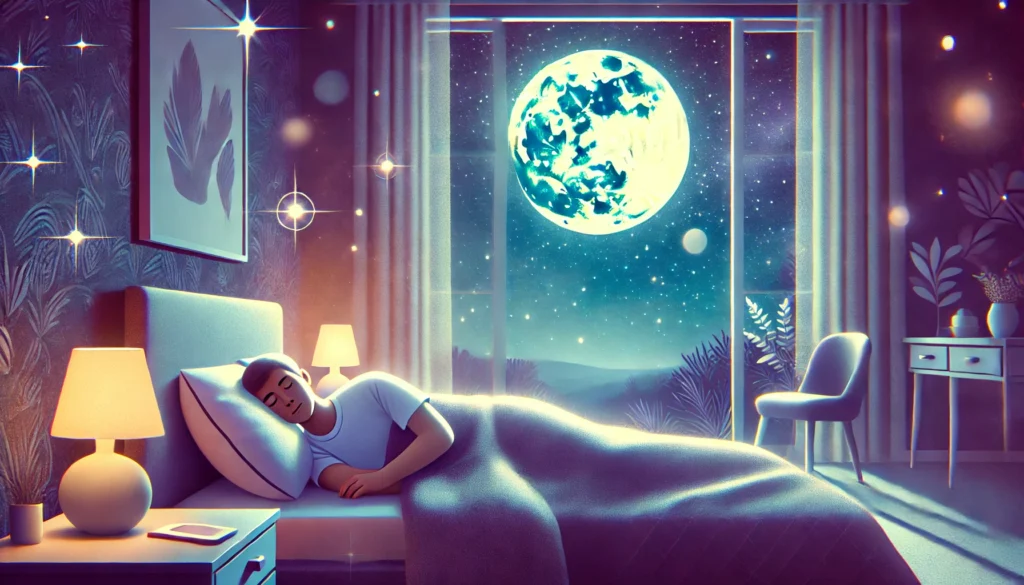 A serene bedroom scene with a person sleeping peacefully under soft moonlight, symbolizing the benefits of magnesium for deep and restful sleep.