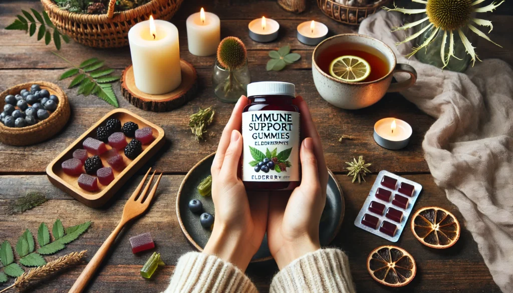 A serene image of a person holding immune support gummies with elderberry and echinacea on a wooden table.