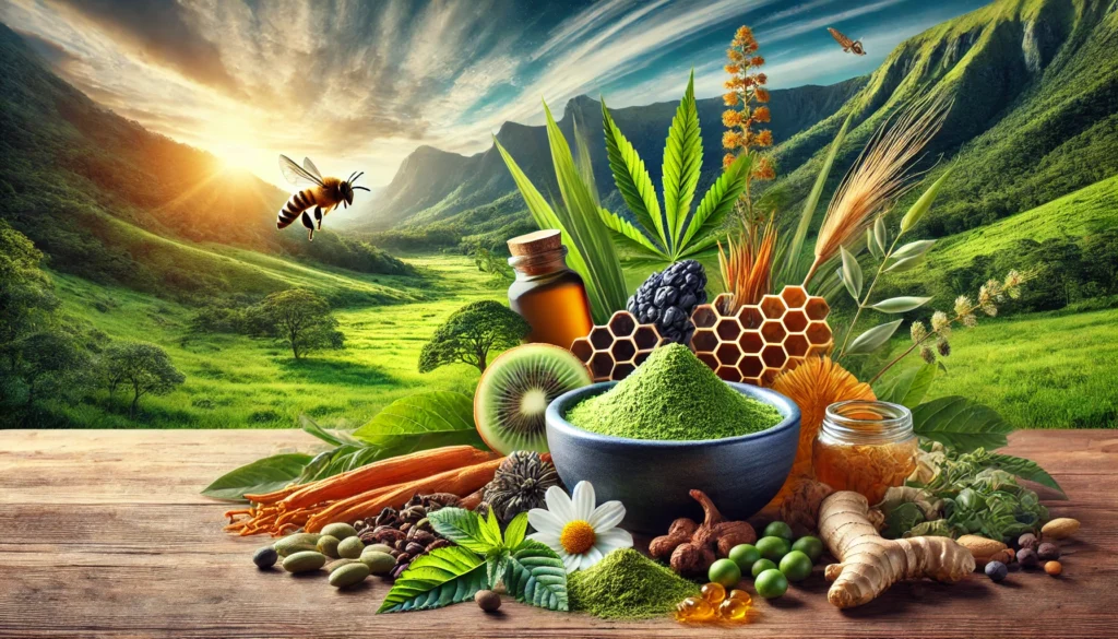 A lush green landscape showcasing natural energy-boosting ingredients such as ginseng, ashwagandha, and guarana growing in the wild. In the foreground, a wooden surface holds a bowl of superfoods, including matcha powder, bee pollen, and adaptogenic herbs.