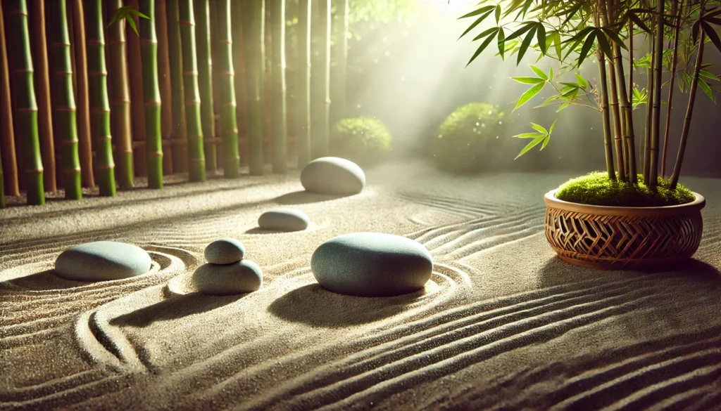 A tranquil Zen garden with smooth, raked sand and carefully placed stones, symbolizing mindfulness and inner peace. Soft sunlight filters through bamboo trees, enhancing the calming and meditative ambiance.