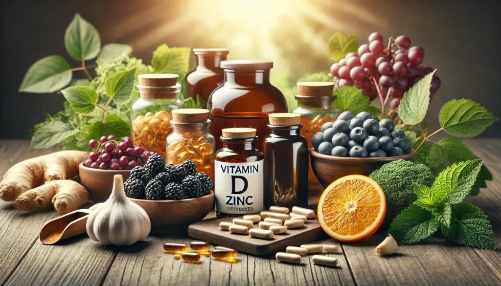 A serene wooden table with a variety of health supplements such as vitamin D capsules, zinc tablets, and elderberry extract bottles, surrounded by fresh antiviral foods like garlic, ginger, and fresh berries, symbolizing immune-boosting ingredients for fighting viruses.