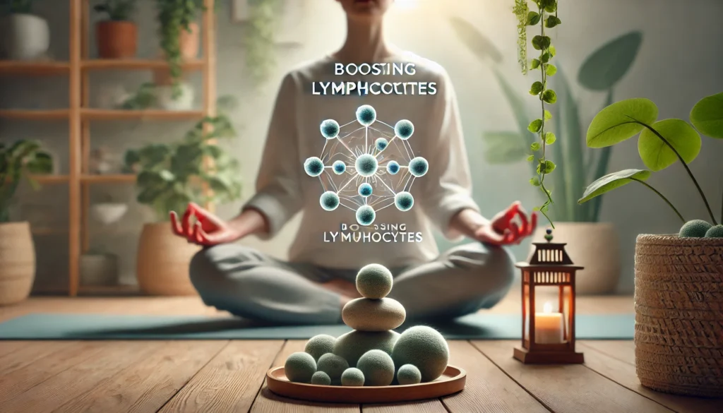 A serene image of a person practicing yoga or meditation in a peaceful environment, surrounded by natural elements like plants and soft lighting. The focus is on relaxation and stress reduction, essential for boosting lymphocyte production and improving immune system function.