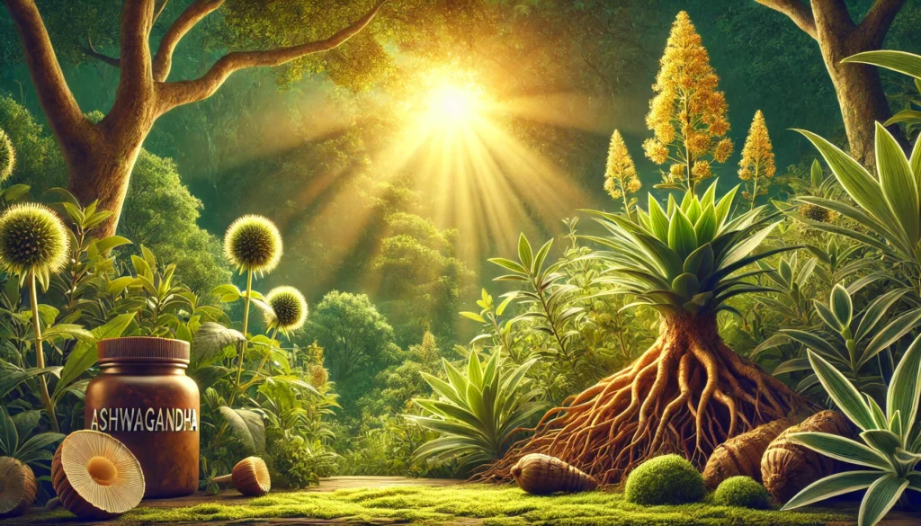  A serene, nature-inspired scene showing flourishing Ashwagandha and Rhodiola plants under golden sunlight. The setting represents natural energy, stress reduction, and cognitive enhancement, with detailed textures of roots and flowers in the foreground.