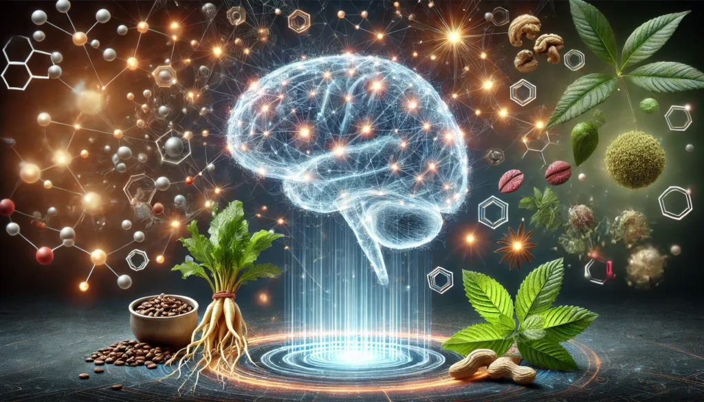 A futuristic depiction of neural pathways glowing with energy, enhanced by floating natural stimulants like ginseng roots, caffeine molecules, and herbal extracts, representing optimal mental performance.