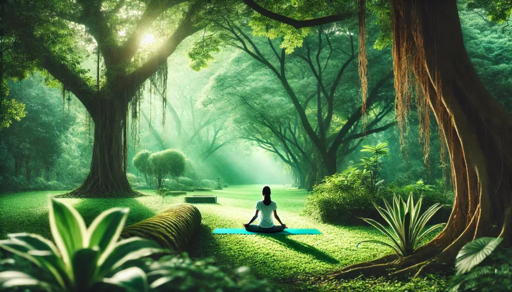 "A peaceful nature scene showing a person practicing yoga outdoors in a lush green park surrounded by trees, representing the connection between physical and mental wellness. Sunlight filters through the leaves, symbolizing overall immune system health and cold prevention."