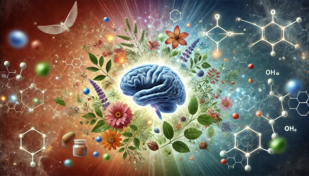  An artistic visualization of the synergy between SSRIs and Ashwagandha, featuring a glowing human brain surrounded by medicinal herbs and molecular structures, illustrating the balance of natural healing and pharmaceutical treatment.