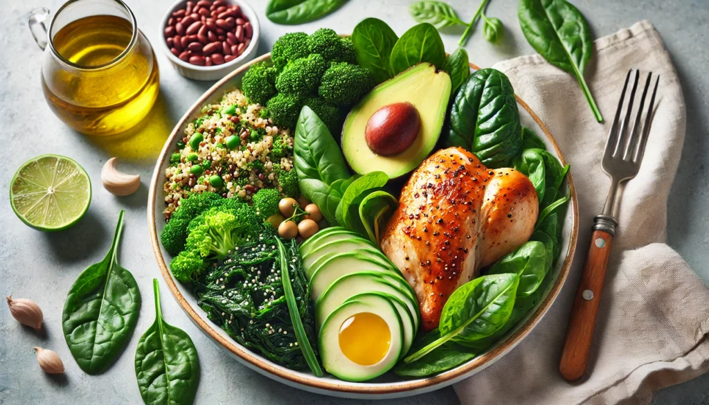 A vibrant and healthy meal featuring leafy greens such as kale and spinach, alongside roasted chicken, quinoa, and a slice of avocado. This dish represents a balanced diet that helps boost white blood cells and supports overall immune health.