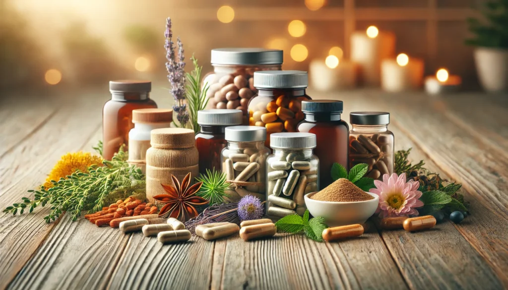 A variety of natural supplements arranged on a wooden surface, including capsules, powders, and dried herbs like ashwagandha, valerian root, and passionflower. A softly lit spa-like background enhances the soothing and wellness-focused theme.