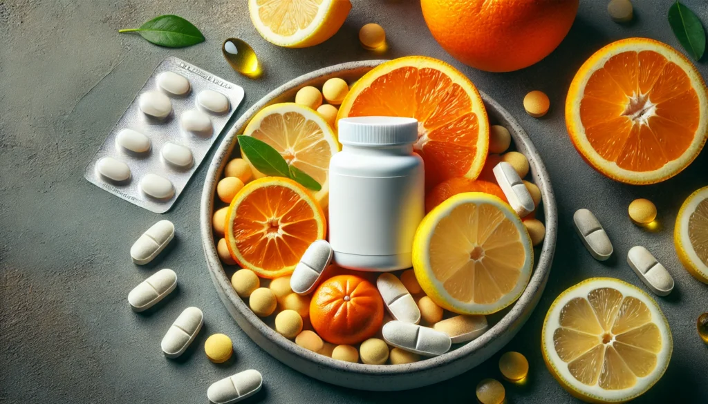 A close-up of vitamin C supplements, such as tablets and chewable vitamin C, placed next to a bowl of fresh citrus fruits, including oranges and lemons. This image connects supplementation with natural sources of vitamin C for immune health.