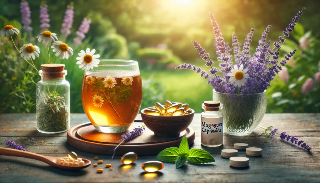  A serene nature-inspired setting displaying a glass of herbal tea infused with chamomile and lemon balm, alongside omega-3 soft gels, magnesium capsules, and lavender sprigs, with a softly blurred lush green garden in the background.