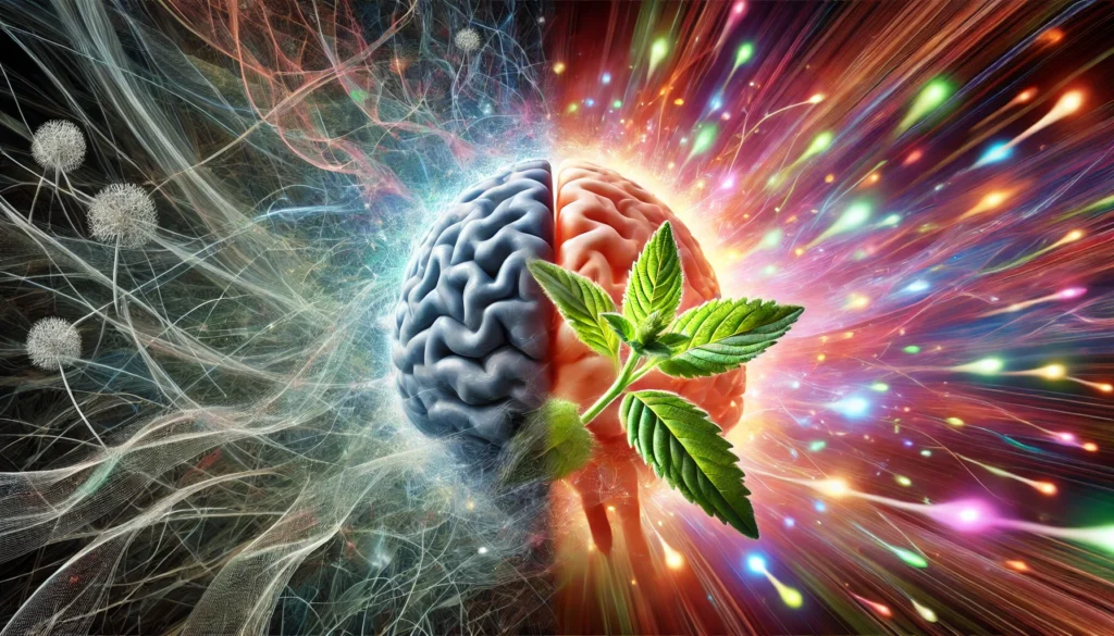  A conceptual split-image illustrating ADHD and mental clarity—one side with chaotic, swirling colors symbolizing distraction, and the other with a sharp, focused brain with glowing neural connections. A subtle Ashwagandha plant in the foreground represents its potential calming effects.