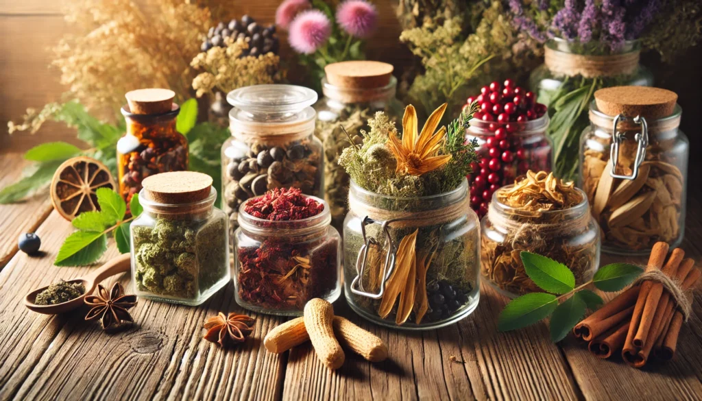 A rustic wooden table showcasing glass jars filled with dried herbs like Astragalus, Echinacea, and Elderberry, highlighting the importance of herbal medicine for immune support.