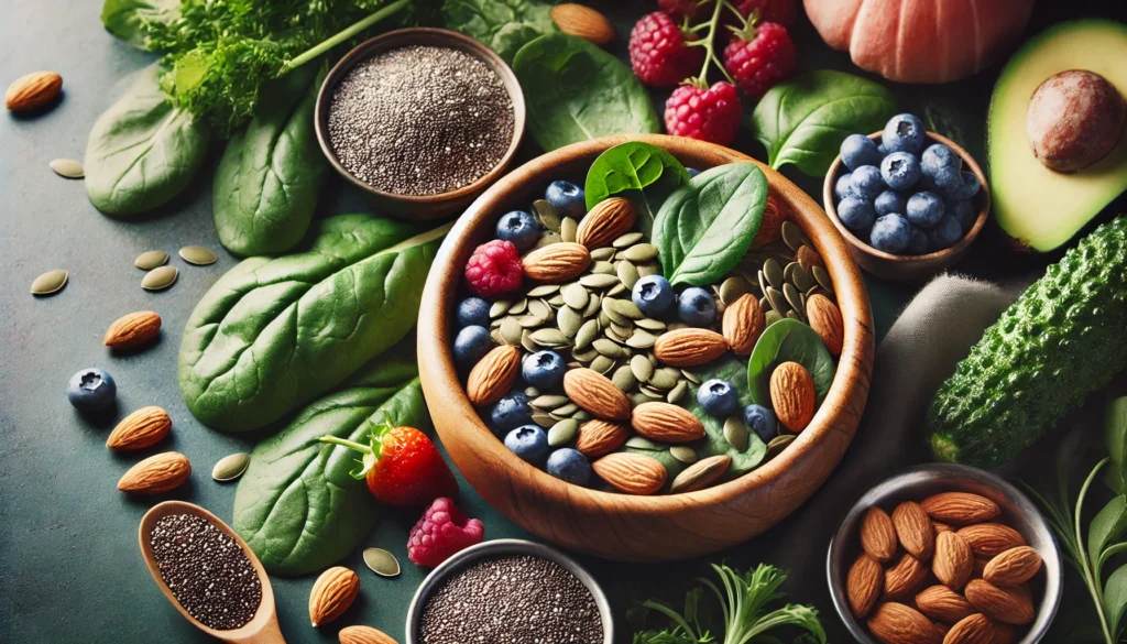 A close-up view of a bowl filled with immune-boosting superfoods, including almonds, chia seeds, and pumpkin seeds, surrounded by leafy greens and fresh berries, with the natural light emphasizing their vibrant colors and health benefits.