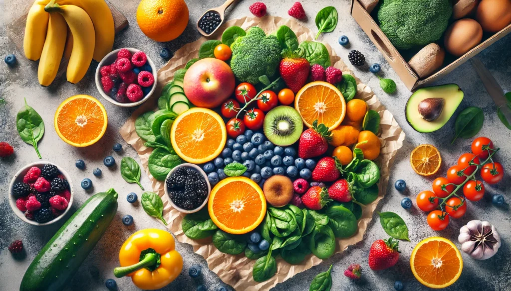 A detailed image of fresh fruits and vegetables like oranges, berries, and spinach on a kitchen counter, highlighting the link between nutrition and immunity.