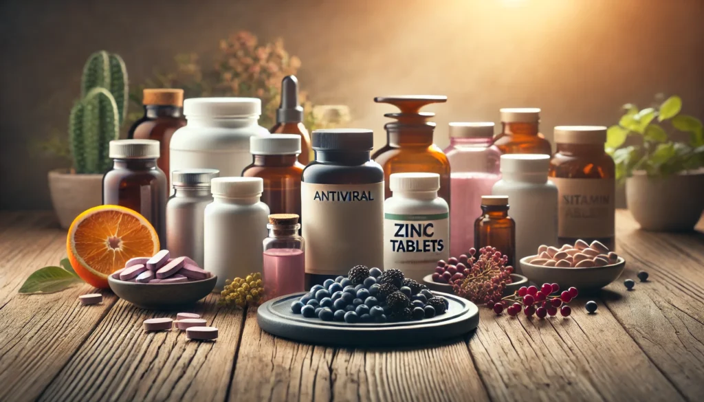 "A collection of antiviral supplements, including various vitamin bottles, zinc tablets, and elderberry capsules, arranged neatly on a rustic wooden table with a softly blurred background and soft lighting."