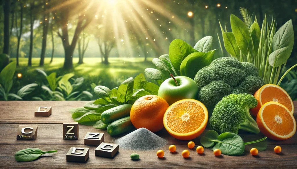 "Serene nature scene highlighting fresh fruits and vegetables such as oranges, broccoli, and spinach that support immune function, with soft sunlight shining on them."