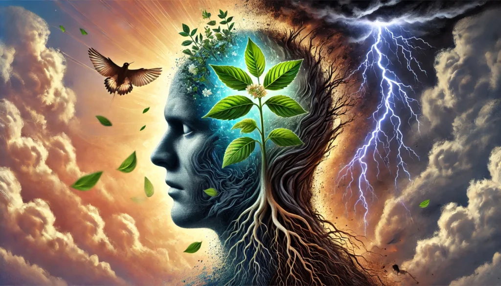 A surreal illustration of a human head split into two expressions: one side calm with a glowing aura, the other side distressed with dark storm clouds. Ashwagandha roots and leaves grow between the halves, symbolizing their influence on bipolar disorder.