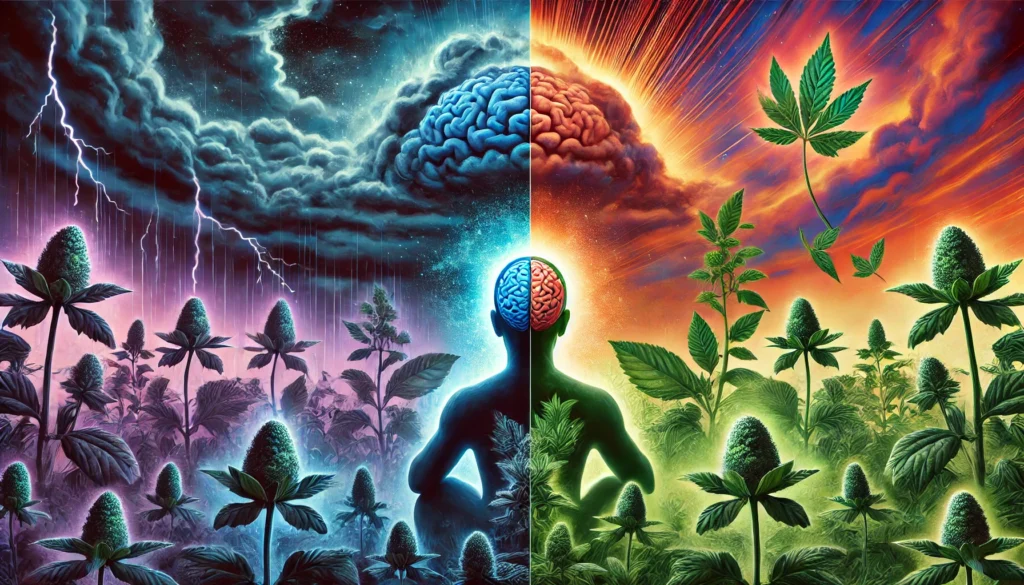 A surreal split-screen image of a human brain depicting bipolar disorder. One side is stormy and chaotic, while the other is calm and glowing, surrounded by Ashwagandha plants. The gradual color transition symbolizes mood stabilization through herbal remedies.