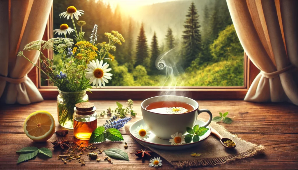  A steaming cup of herbal tea infused with chamomile, lemon balm, and passionflower, placed on a wooden table near a window overlooking a peaceful forest, radiating warmth and stress relief.