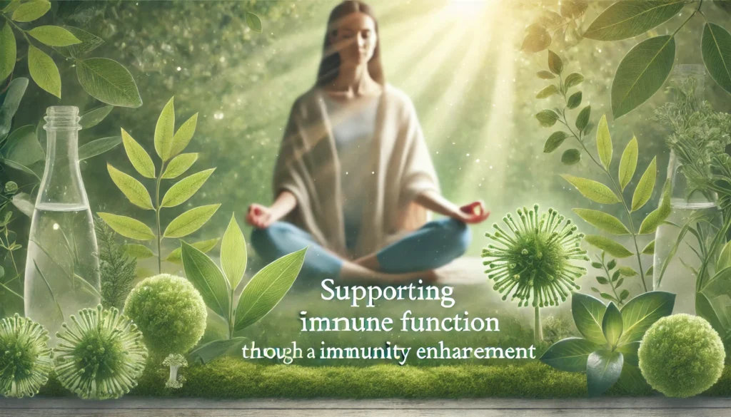 A serene image of a person meditating in nature surrounded by green plants and sunlight, symbolizing the importance of a healthy mind and body in supporting immune function.