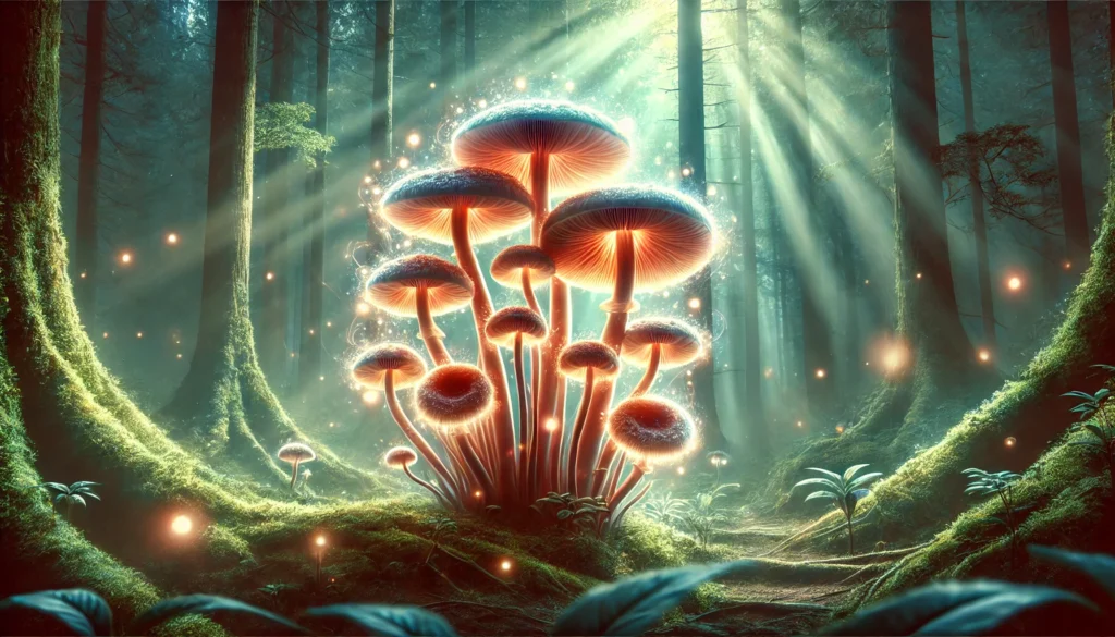 A mystical forest filled with softly glowing adaptogenic mushrooms emitting a healing aura, surrounded by lush greenery and misty light, symbolizing stress relief and relaxation.