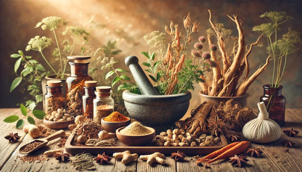 A serene still life featuring various adaptogenic herbs and roots, including ashwagandha, rhodiola, and ginseng, arranged on a wooden surface with a mortar and pestle, dried herbs, and glass jars of herbal extracts in warm, earthy lighting.