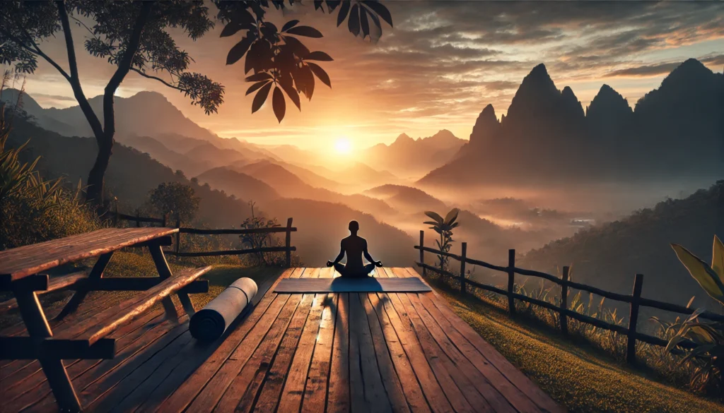 A serene outdoor scene of a person practicing yoga at sunrise, overlooking a mountain landscape. The image conveys peace, relaxation, and natural stress relief.