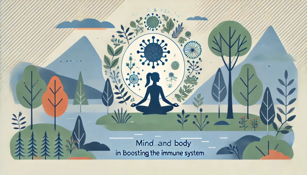 A calming image of a person practicing yoga or meditation in a natural setting, representing the connection between mental health and immune system support.