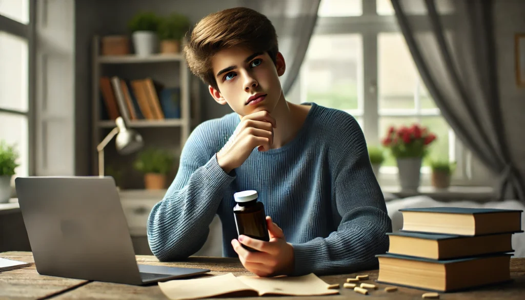 A thoughtful teenager sitting at a desk, looking at a bottle of herbal supplements with a questioning expression in a cozy, softly lit study room with books and a laptop in the background, symbolizing research and contemplation about health choices.