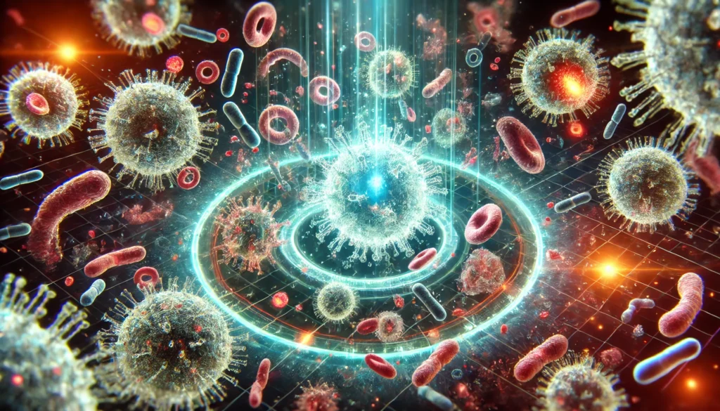 A futuristic depiction of the immune system’s response to a virus, with glowing immune cells defending against viral particles.