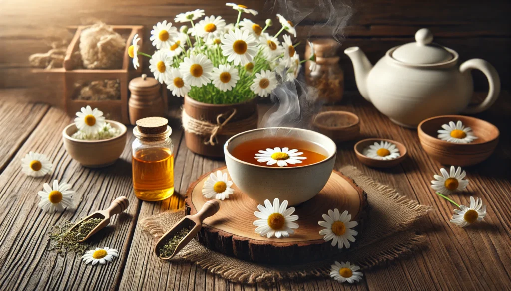 A calming tea scene featuring a steaming cup of chamomile tea, surrounded by fresh chamomile flowers on a natural wooden setting, evoking relaxation and stress relief.