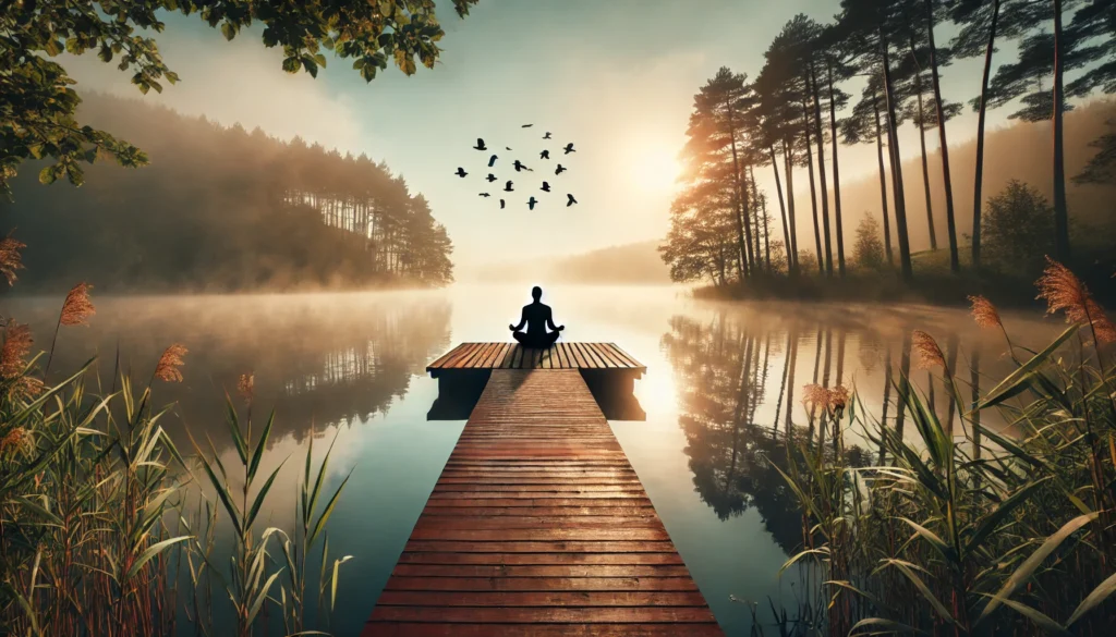 A peaceful scene of a person meditating on a wooden dock by a calm lake at sunrise, surrounded by mist and birds in the distance, symbolizing stress relief and relaxation.