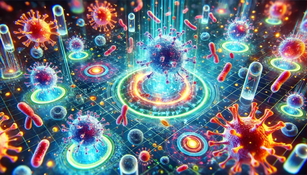 A futuristic depiction of the immune system’s response to a virus, showing glowing immune cells defending against microscopic viral particles.