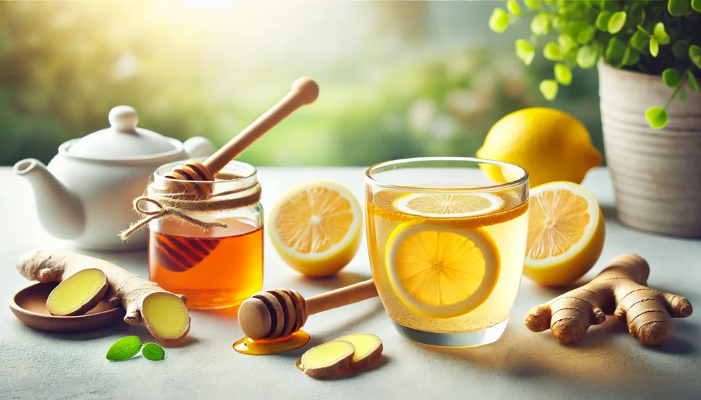 A glass of warm honey and lemon water with a slice of ginger, creating a tranquil and rejuvenating environment for flu relief.